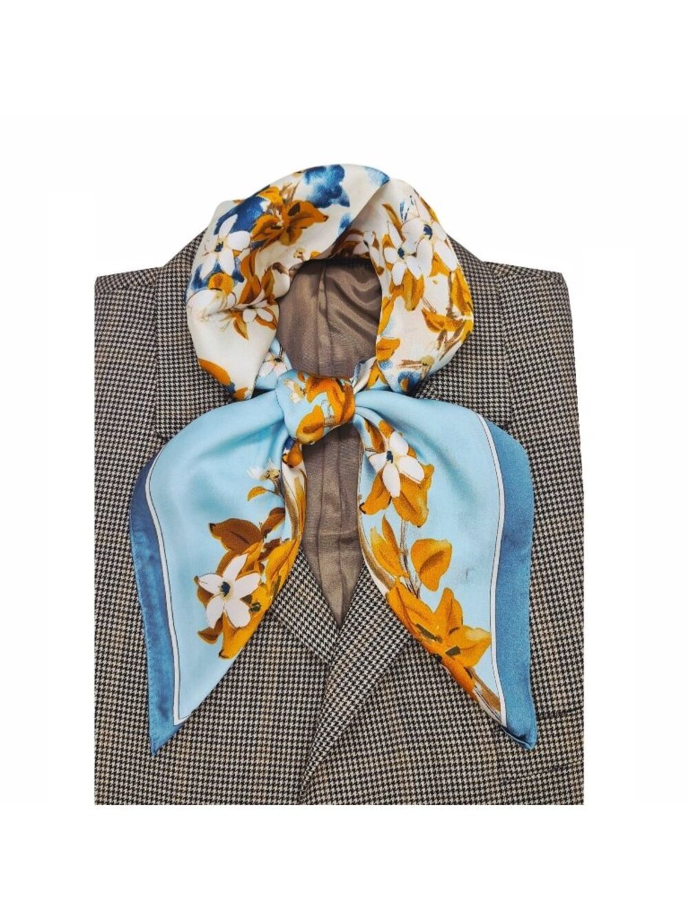 Luxurious Elegant Silky Square Scarf Blue White Orange Floral Blossom Wrap hijab - Picture 1 of 5